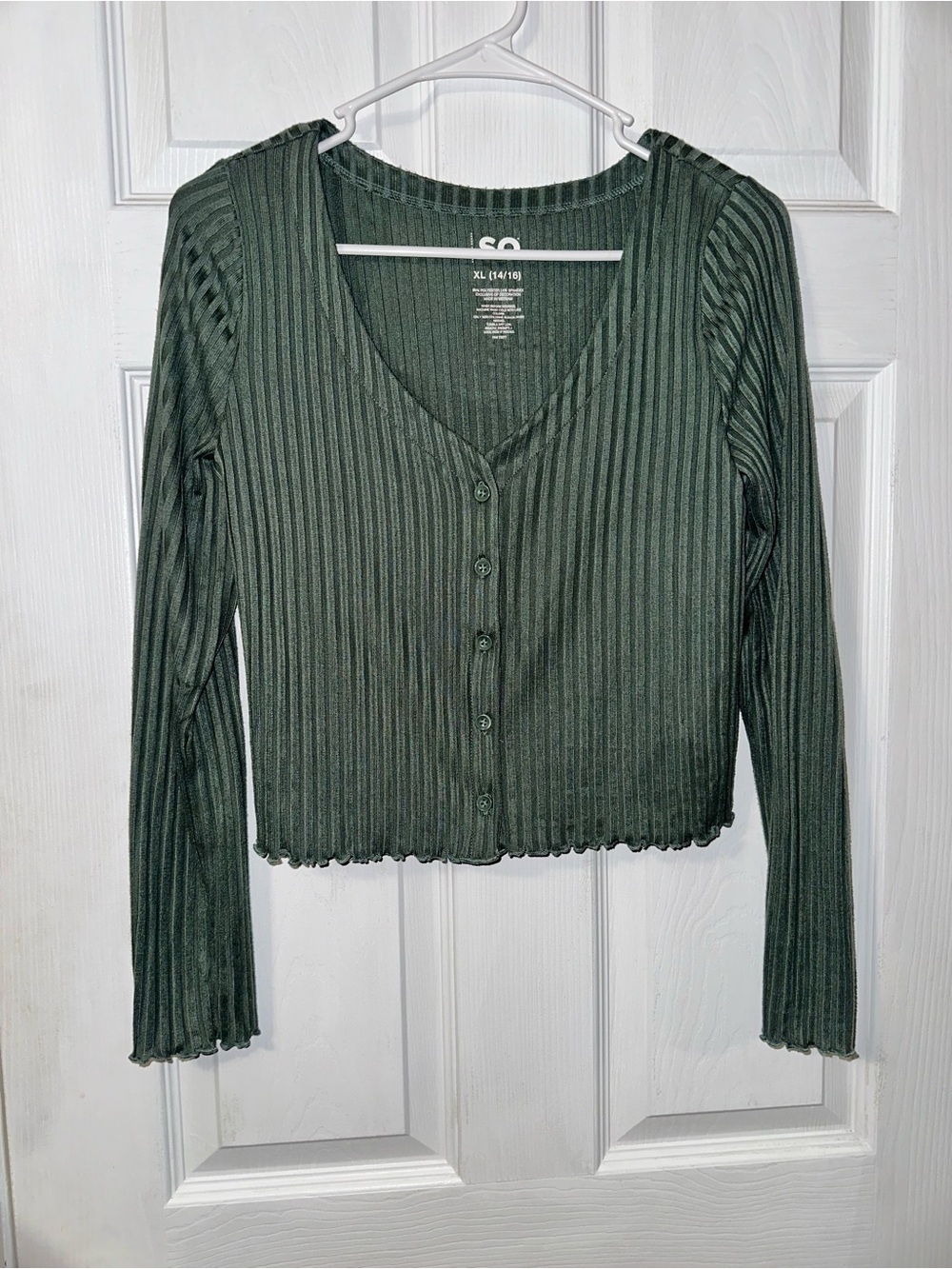 SO Olive Green Ribbed Button-Up V-Neck Long Sleeve Top